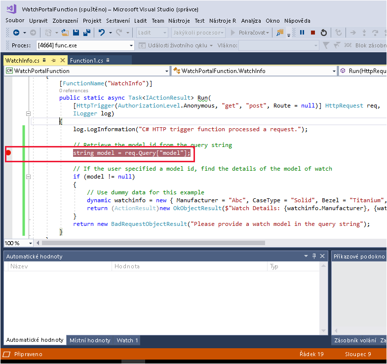 Snímek obrazovky sady Visual Studio znázorňující zarážku v příkazu, který načte model z řetězce dotazu