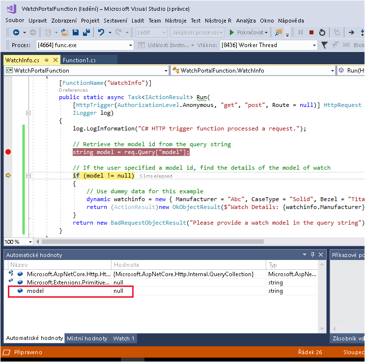 Snímek obrazovky ladicího programu sady Visual Studio zobrazující hodnotu proměnné modelu