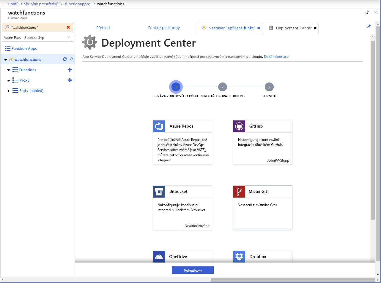 Snímek obrazovky se stránkou Deployment Center v aplikaci Azure Functions