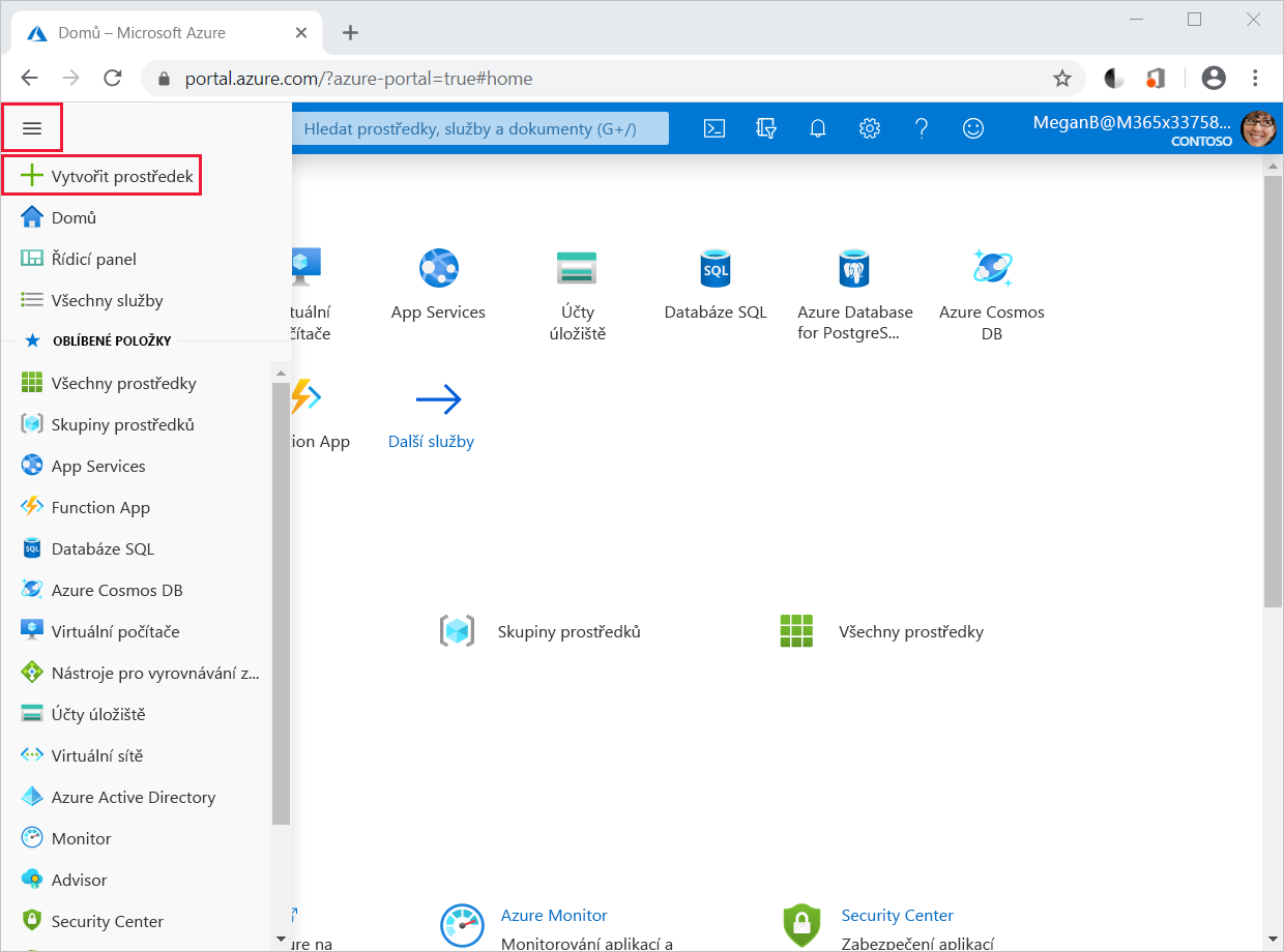 Snímek obrazovky s nabídkou webu Azure Portal a možností Vytvořit prostředek