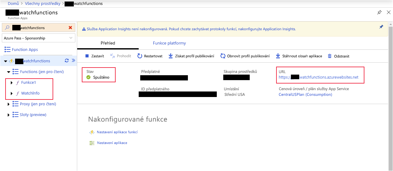 Snímek obrazovky s podoknem Aplikace funkcí webu Azure Portal zobrazující funkce Function1 a WatchInfo