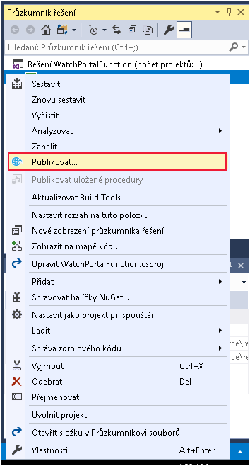 Snímek obrazovky se sadou Visual Studio zobrazující možnost Publikovat pro projekt WatchPortalFunctions