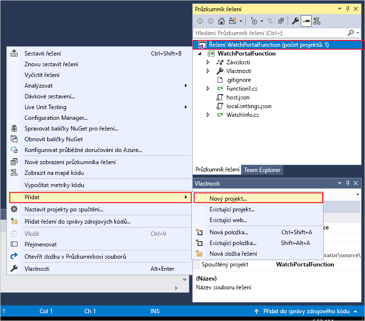 Snímek obrazovky Průzkumníka řešení zobrazující příkaz pro přidání nového projektu do řešení