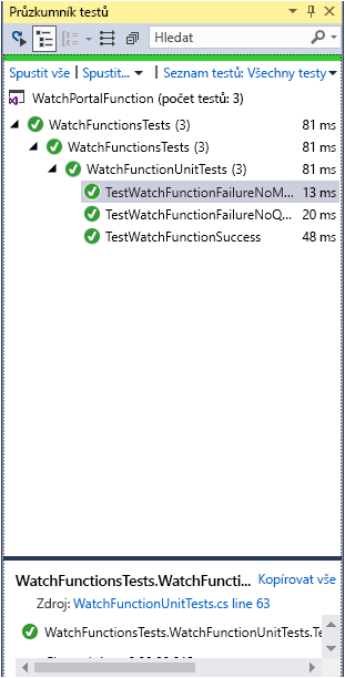 Snímek obrazovky s oknem Team Explorer Všechny tři testy byly úspěšně spuštěny.