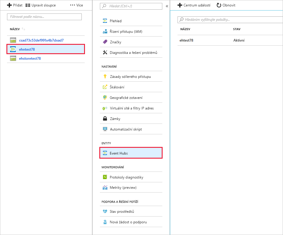 Centrum událostí zobrazené na webu Azure Portal