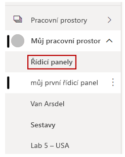 Snímek obrazovky s nabídkou na levé straně Power BI služby zobrazující řídicí panel