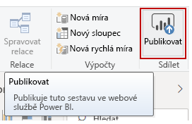 Snímek obrazovky s tlačítkem Publikovat pro publikování sestavy online