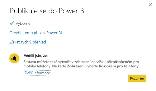 Snímek obrazovky se zprávou o úspěšném publikování Power BI 