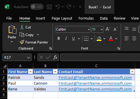 Screenshot of the Excel table.