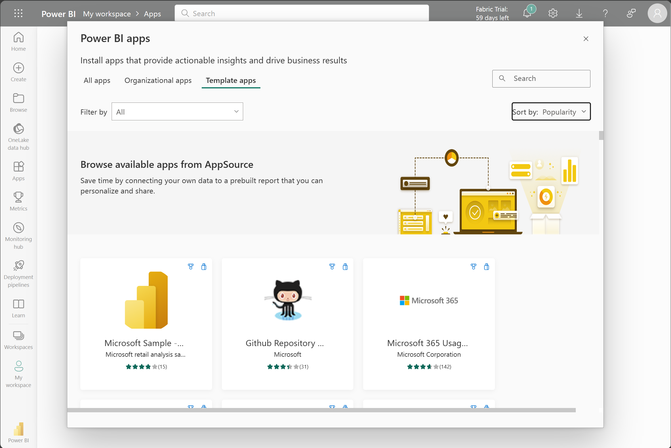 Snímek obrazovky s aplikacemi šablon Power BI