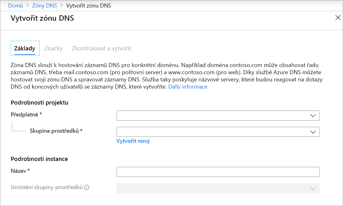 Snímek obrazovky se stránkou Vytvořit zónu DNS