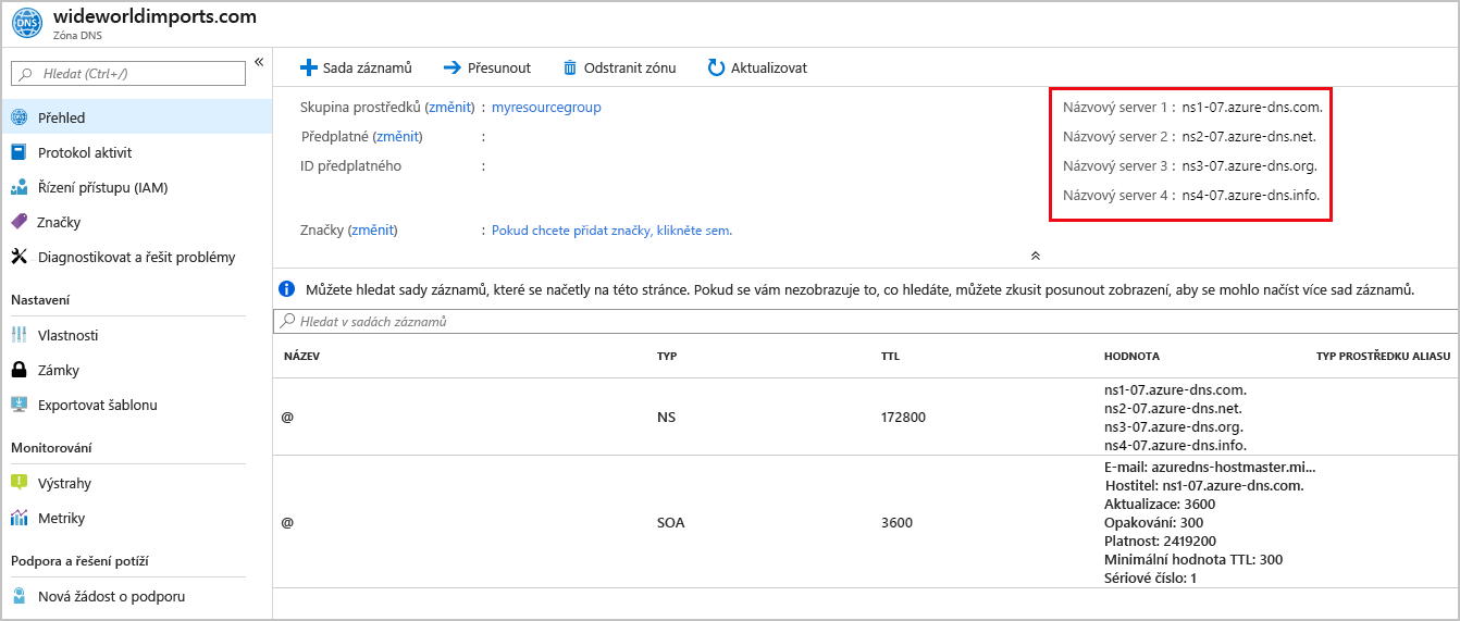 Snímek obrazovky s podrobnostmi názvového serveru na stránce zóny DNS