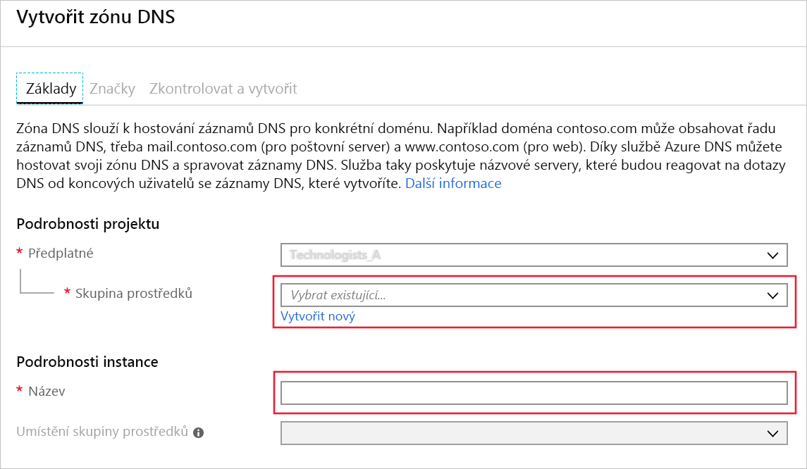 Snímek obrazovky se stránkou Vytvořit zónu DNS