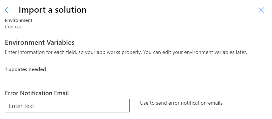 Screenshot of the Import a solution environment variables.