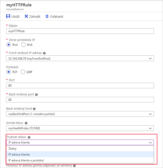 Snímek obrazovky znázorňující, jak nastavit spřažení IP adres na webu Azure Portal