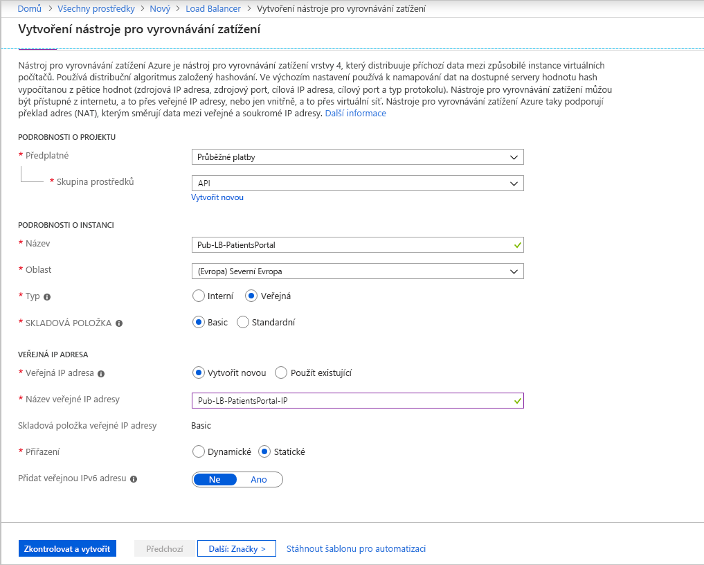 Snímek obrazovky znázorňující kartu Základy na obrazovce Vytvořit Load Balancer na webu Azure Portal