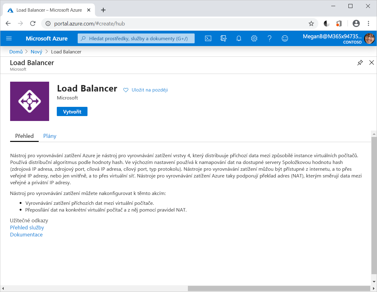 Na webu Azure Portal vytvořte instanci Load Balanceru.