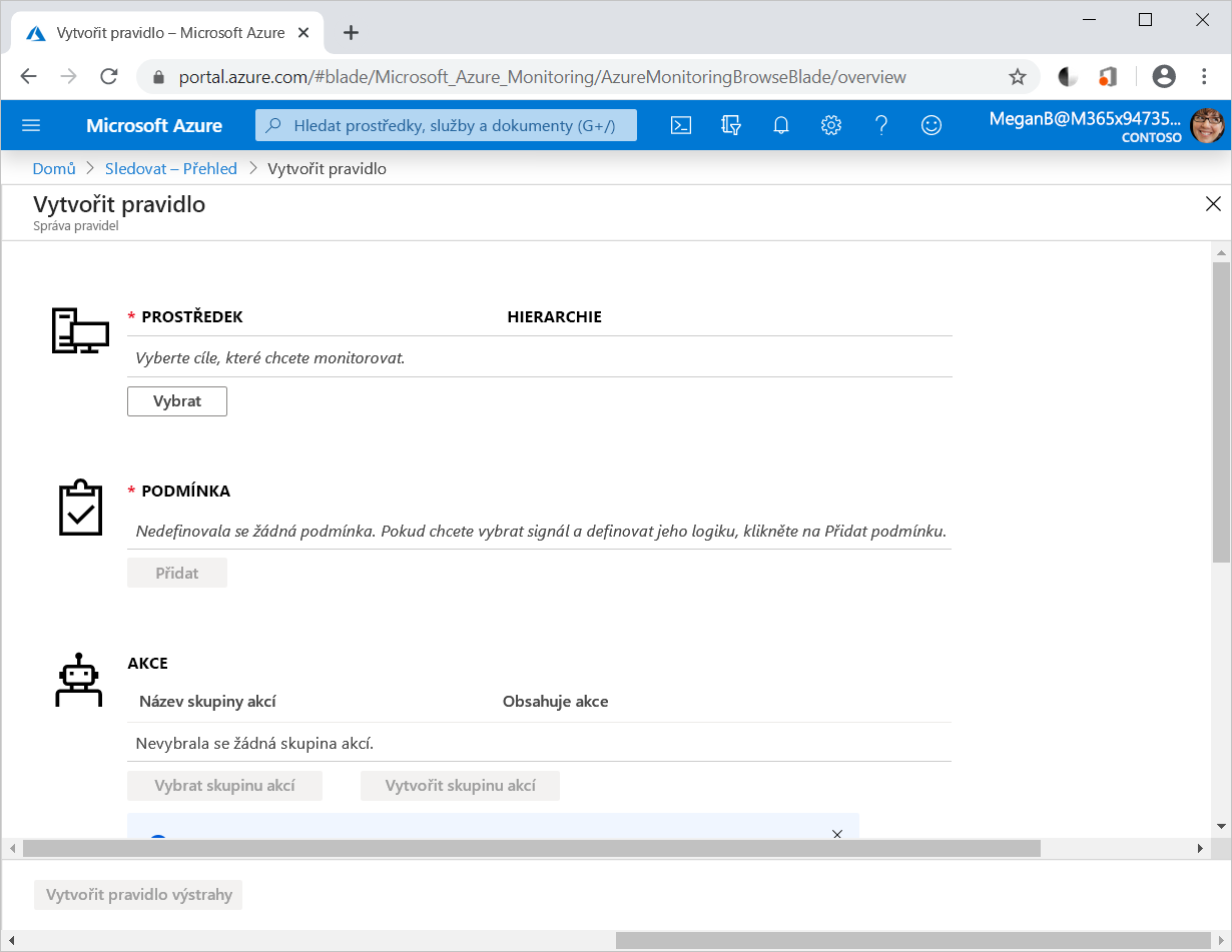 Snímek obrazovky se stránkou Vytvořit pravidlo na portálu Azure Monitor