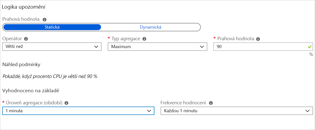 Snímek obrazovky znázorňující nastavení logiky podmínky metriky
