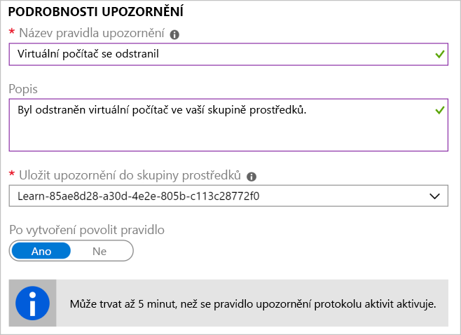 Snímek obrazovky znázorňující vyplněný oddíl s podrobnostmi o upozornění