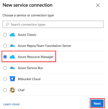 Snímek obrazovky Azure DevOps s podoknem Připojení služeb se zvýrazněným typem připojení služby Azure Resource Manager