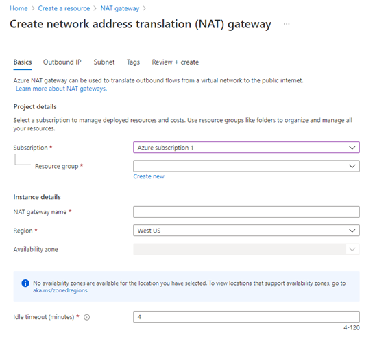 Snímek obrazovky s oknem Vytvořit překlad síťových adres (NAT) gateway