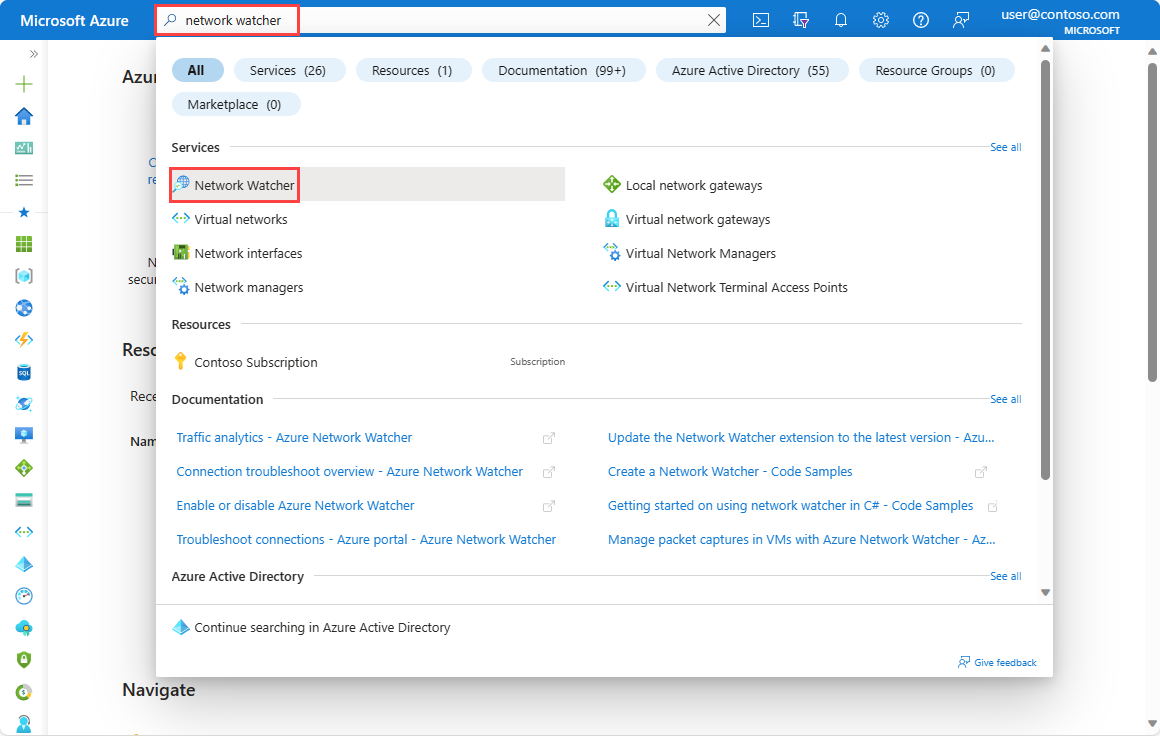 snímek obrazovky, který ukazuje, jak na webu Azure Portal vyhledat Službu Network Watcher