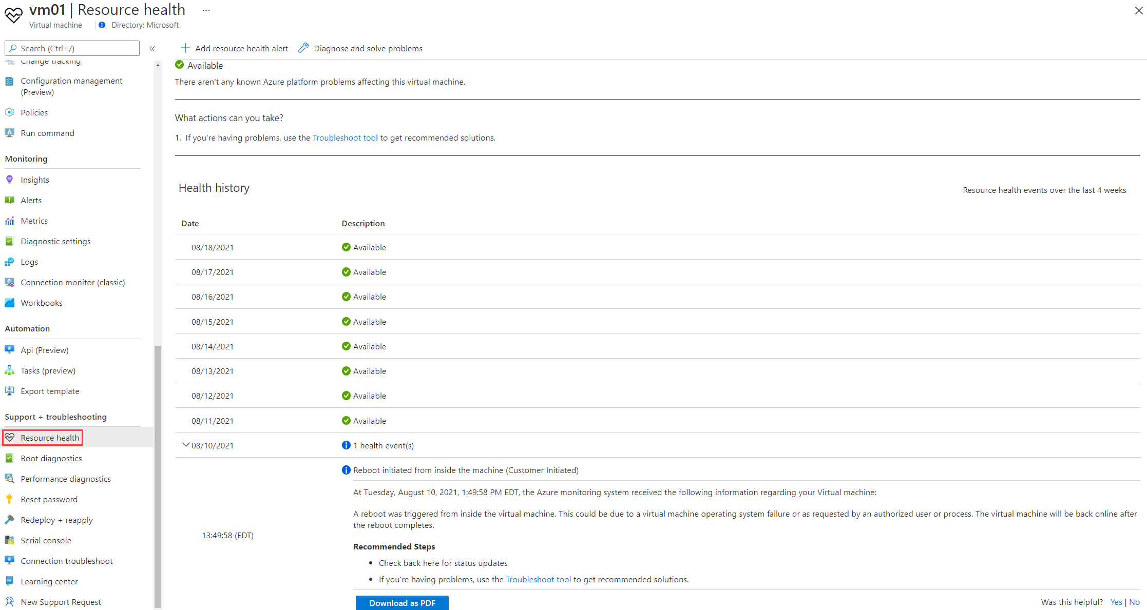 snímek obrazovky služby Azure Resource Health s historií stavu konkrétního virtuálního počítače