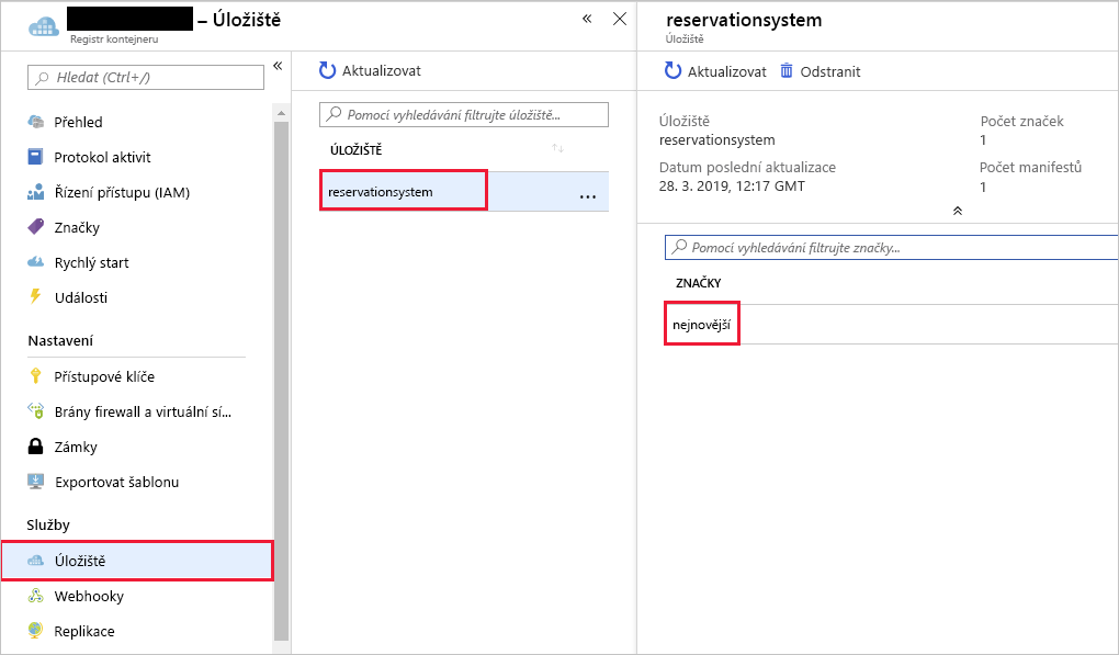 Snímek obrazovky zobrazující úložiště a image kontejneru rezervačního systému opatřenou značkou v registru