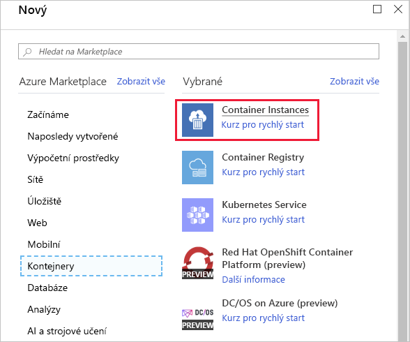 Snímek obrazovky se službou Container Instances