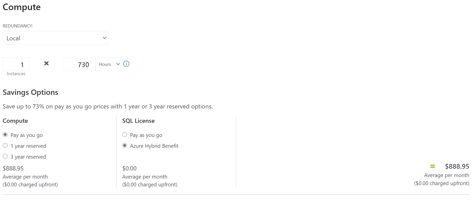 Screenshot of the Azure Hybrid benefit selected, depicting a reduction in cost.