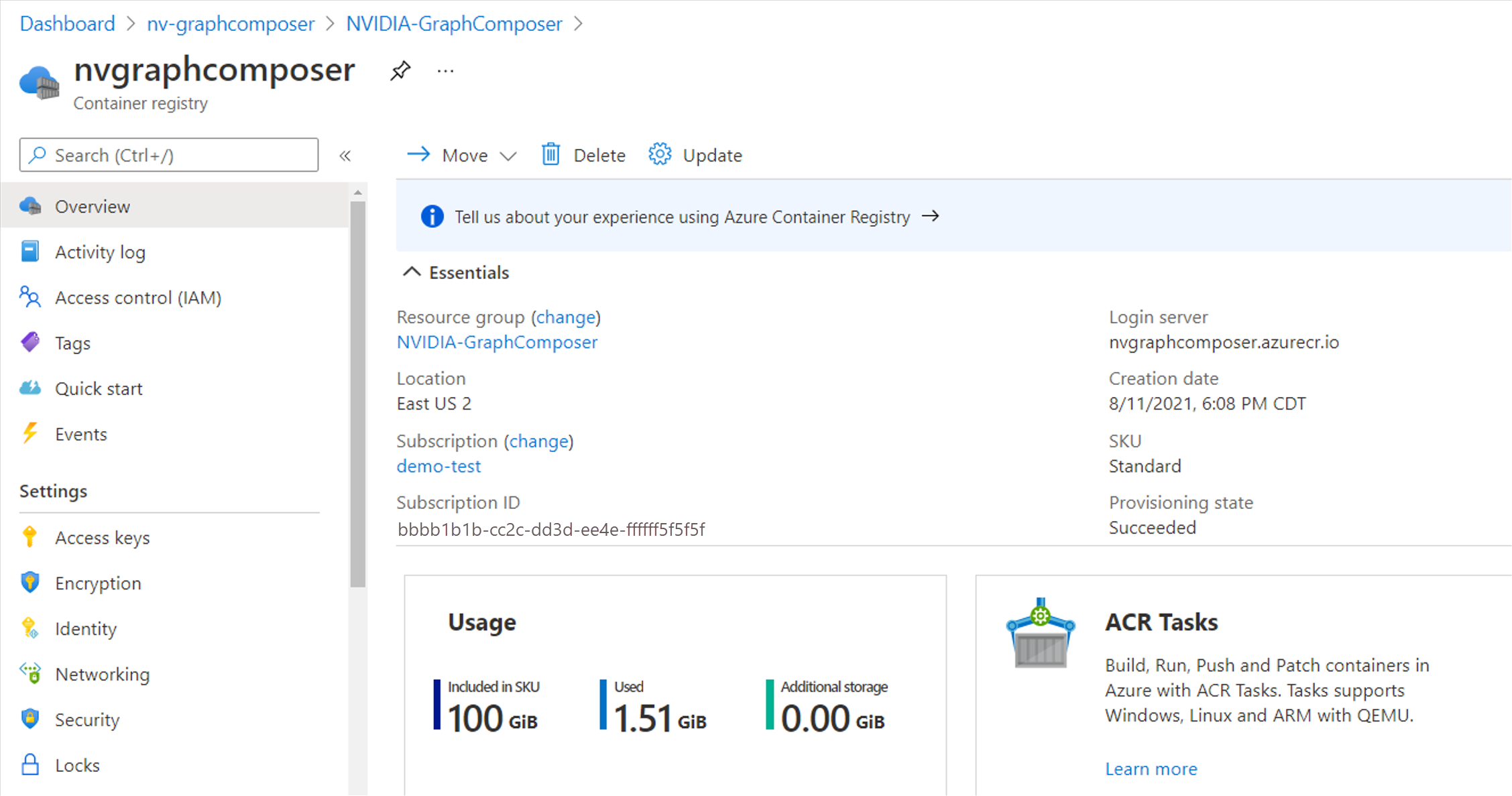 Snímek obrazovky znázorňující přehled služby Azure Container Registry