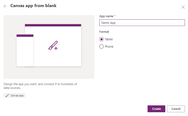 Screenshot of option to choose app format of Tablet or Phone.