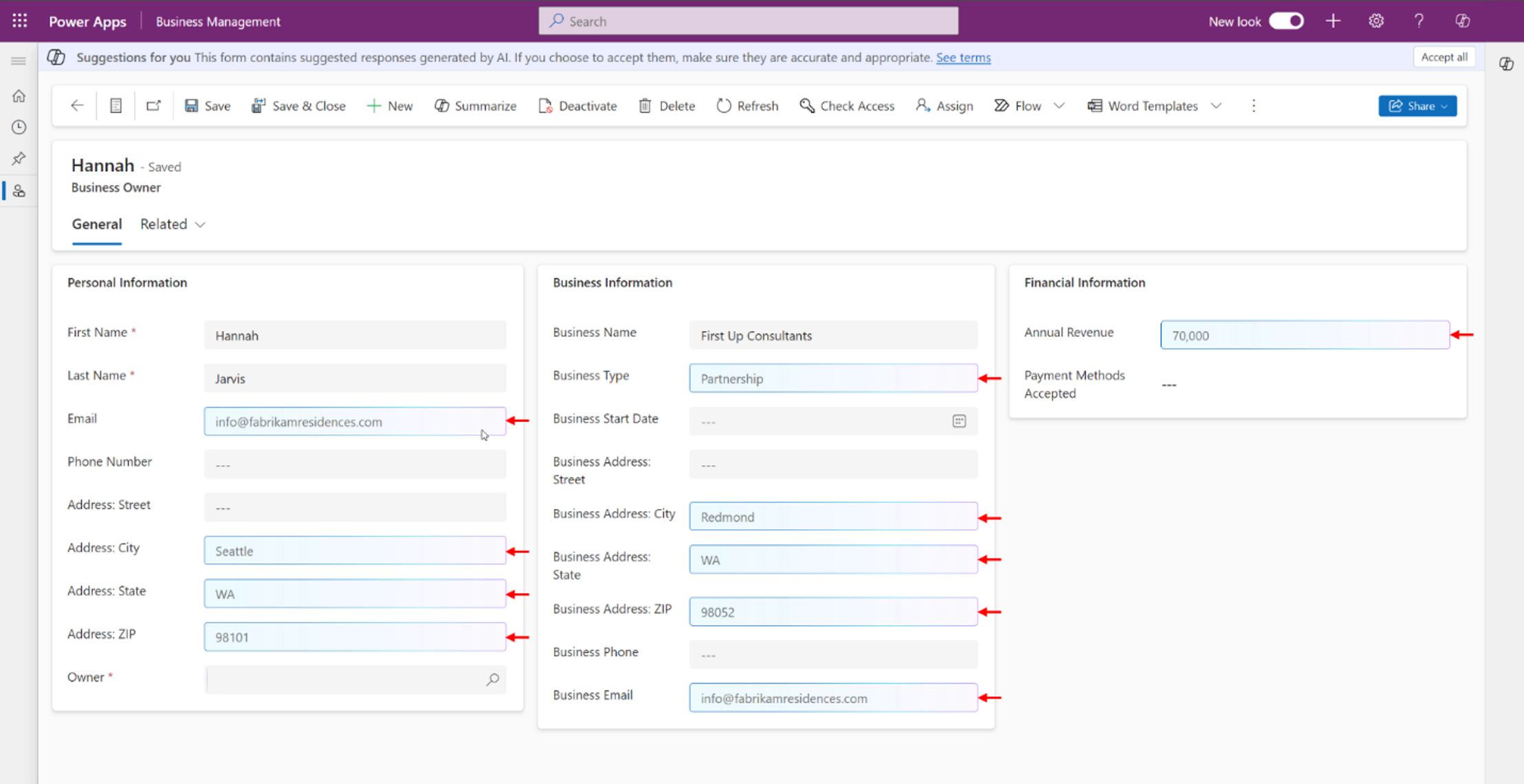 Screenshot of Copilot providing form filling suggestions in a model-driven app. 