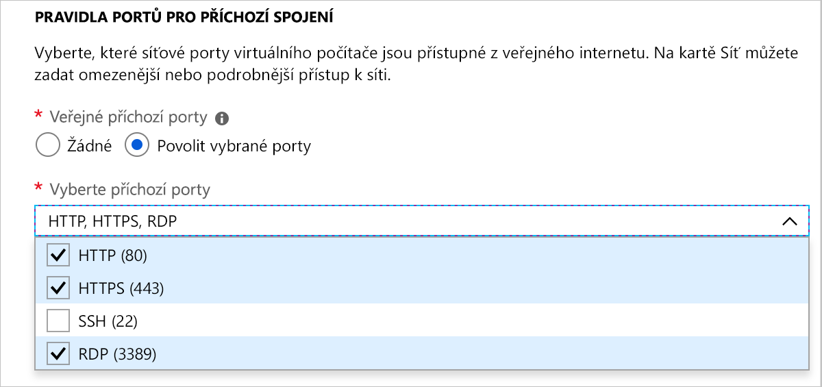 Snímek obrazovky s oddílem pravidel portů pro příchozí spojení zobrazující vybrané protokoly HTTP, HTTPS a RDP