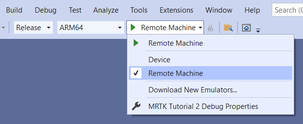 Snímek obrazovky okna sady Visual Studio se vzdáleným počítačem jako cílem