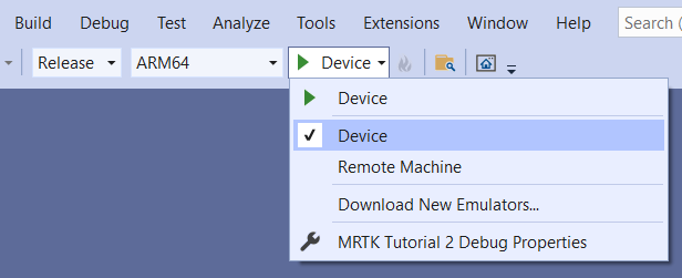 Snímek obrazovky s oknem sady Visual Studio se zařízením jako cílem