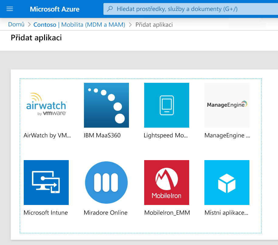 Snímek obrazovky znázorňující aplikace mobility, které můžete přidat, například Microsoft Intune