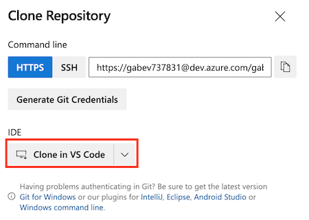 Snímek obrazovky Azure DevOps s nastavením úložiště se zvýrazněným tlačítkem Clone in VS Code