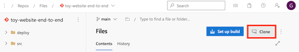 Snímek obrazovky Azure DevOps zobrazující úložiště se zvýrazněným tlačítkem Klonovat