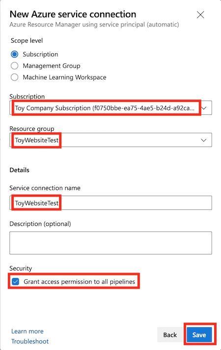 Snímek obrazovky Azure DevOps s podoknem Připojení k nové službě Azure pro testovací prostředí se zvýrazněnými podrobnostmi a zvýrazněným tlačítkem Uložit