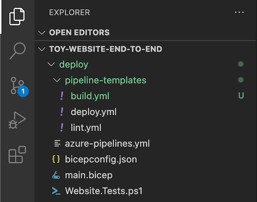 snímek obrazovky Průzkumníka editoru Visual Studio Code se zobrazenou složkou pipeline-templates a souborem build.yml.