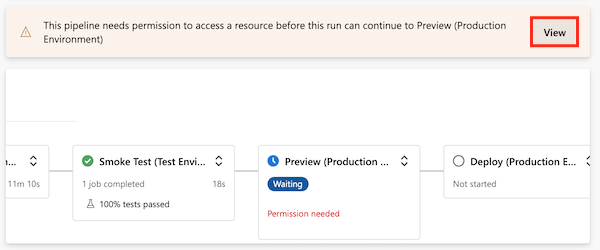 snímek obrazovky Azure DevOps zobrazující spuštění kanálu pozastavené ve fázi nasazení. K pokračování se vyžaduje oprávnění. Tlačítko zobrazení je zvýrazněné.