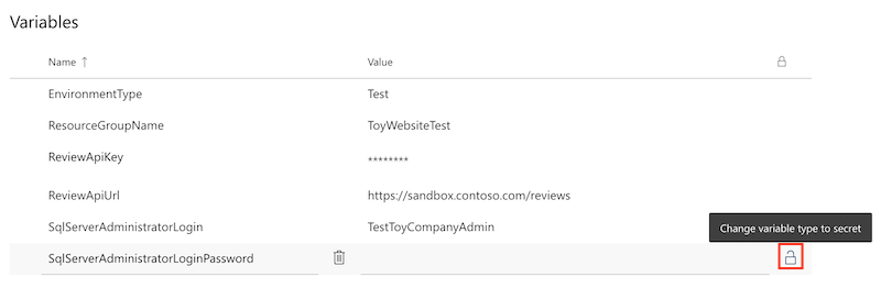 Snímek obrazovky se skupinou produkčních proměnných se zvýrazněným tlačítkem tajné proměnné