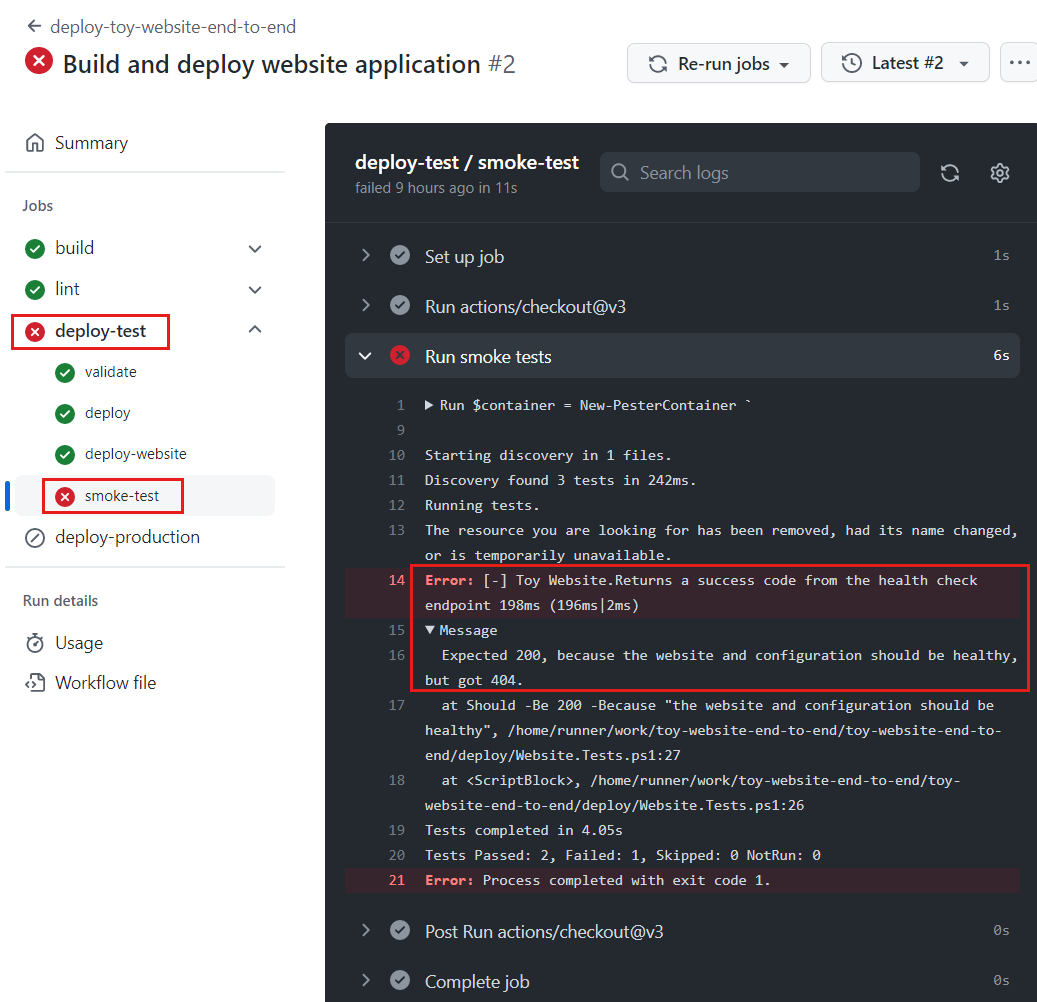 Snímek obrazovky GitHubu s protokolem spuštění pracovního postupu a zobrazeným výstupem orientačního testu Zvýrazní se výsledek testu stavu JSON.