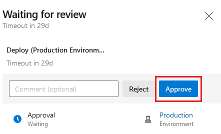 Snímek obrazovky s rozhraním Azure DevOps, které zobrazuje stránku schválení kanálu a tlačítko Schválit