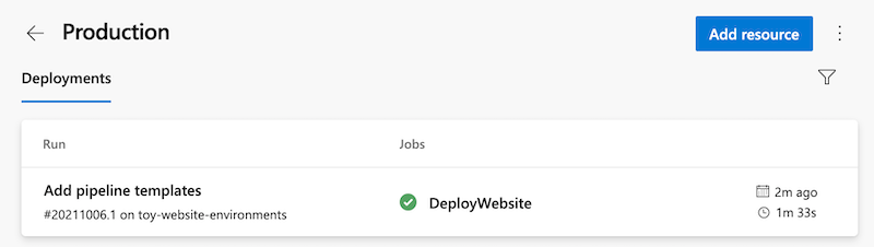 Snímek obrazovky se službou Azure Pipelines zobrazující produkční prostředí s historií nasazení zobrazující jedno nasazení