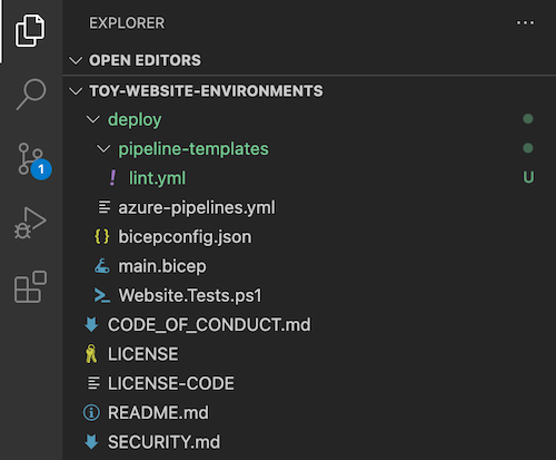 Snímek obrazovky Průzkumníka editoru Visual Studio Code se složkou pipeline-templates a souborem lint dot Y M L