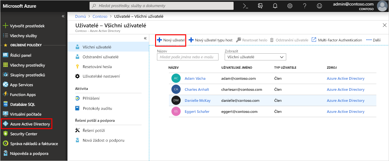 Snímek obrazovky se zvýrazněným tlačítkem Nový uživatel v Centru pro správu Microsoft Entra