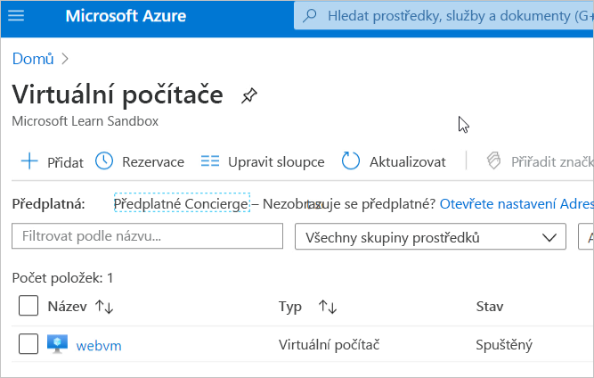 Screenshot of the Azure portal listing of virtual machines displaying webvm.